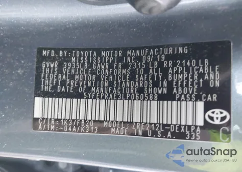 2020 Toyota Corolla Le z USA, uszkodzony, nr VIN 5YFEPRAE3LP060588